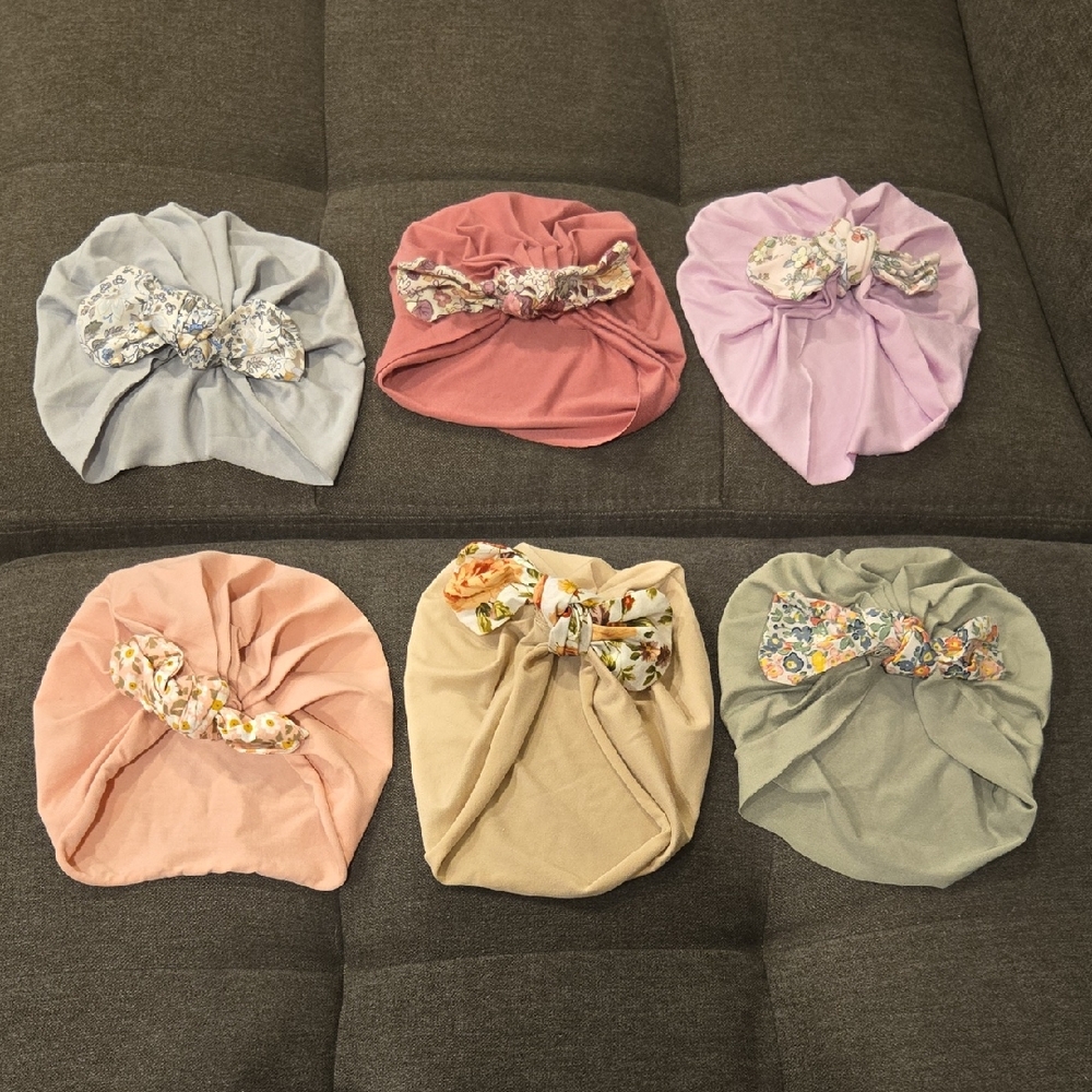 Newborn/Infant Floral Bow Kids Turban Set - Pink, Mauve, Purple, Green, Tan, Gry